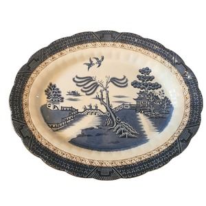 Booths Real Old Willow, Gold Edge Brown Trellis Oval Platter, England